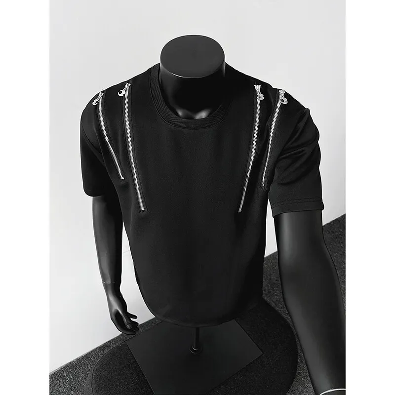 

Футболка мужская с круглым вырезом и молнией, уличная футболка, модная повседневная футболка в городском стиле хип-хоп, модная футболка с круглым вырезом и графикой, облегающая посадка