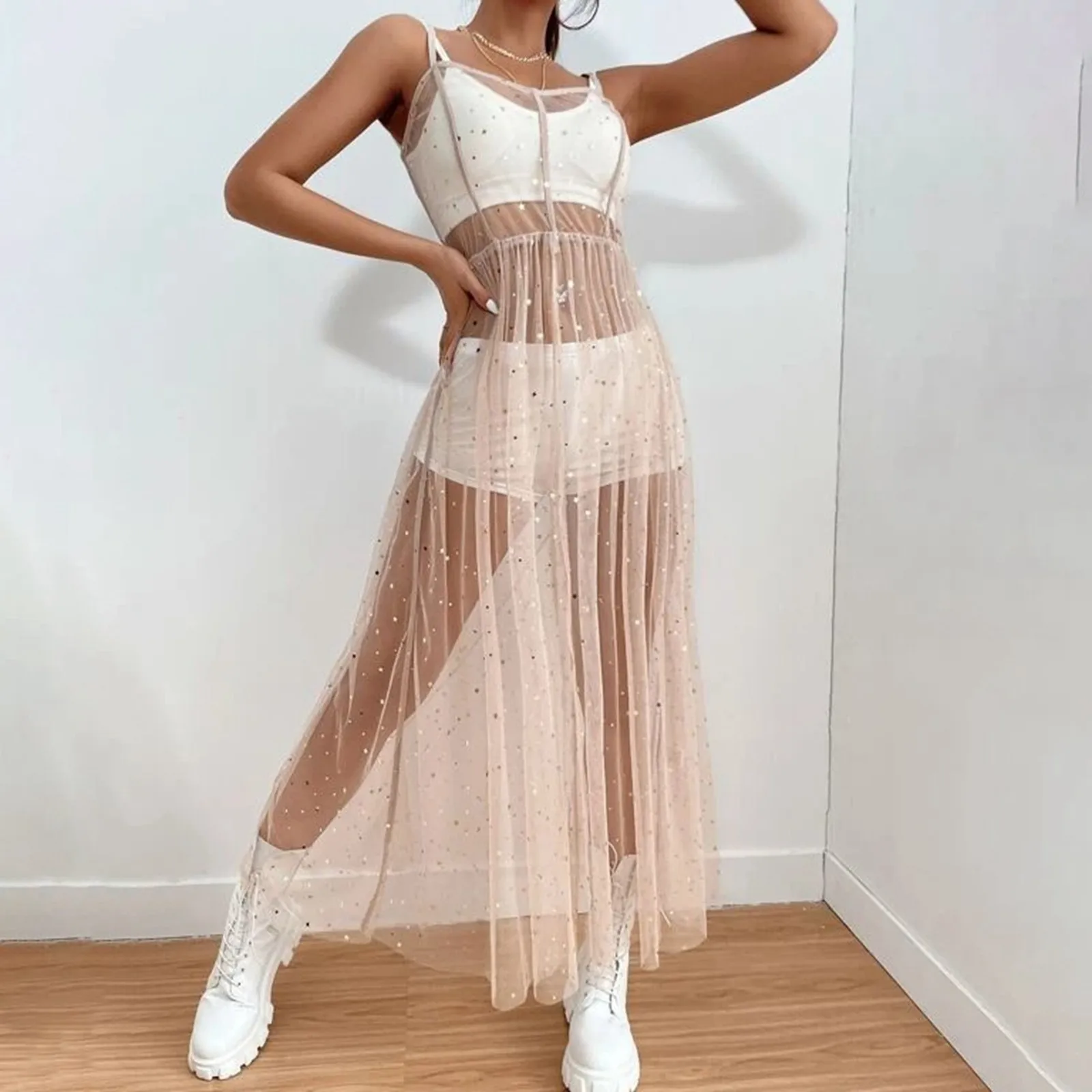 Sequin Mesh Sheer Smock Dress for Women Sleeveless Split Midi Dress Holiday Beach Club Street Sexy Female Summer Dresses y2k