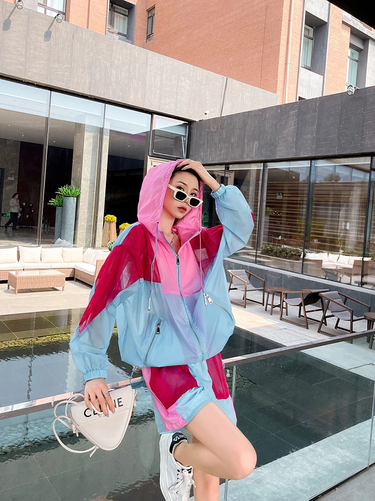 Sunscreen Fashion Suit Women Summer New Stitching Zipper Hooded Top+Elastic Waist Shorts Casual Two-piece Set Female sportswear