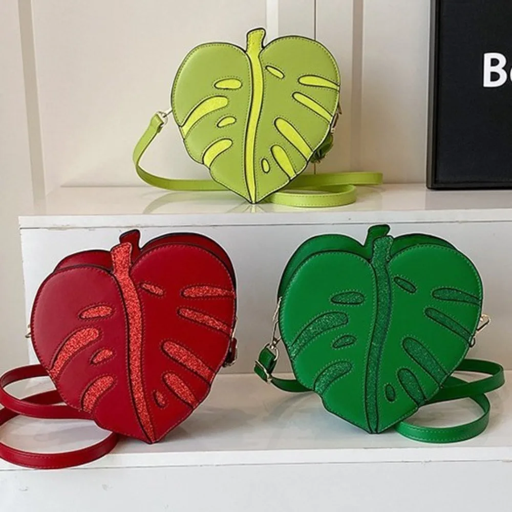 

PU leather heart-shaped leaf cute girl crossbody bag with personality, children's zero wallet, kawaii shoulder bag