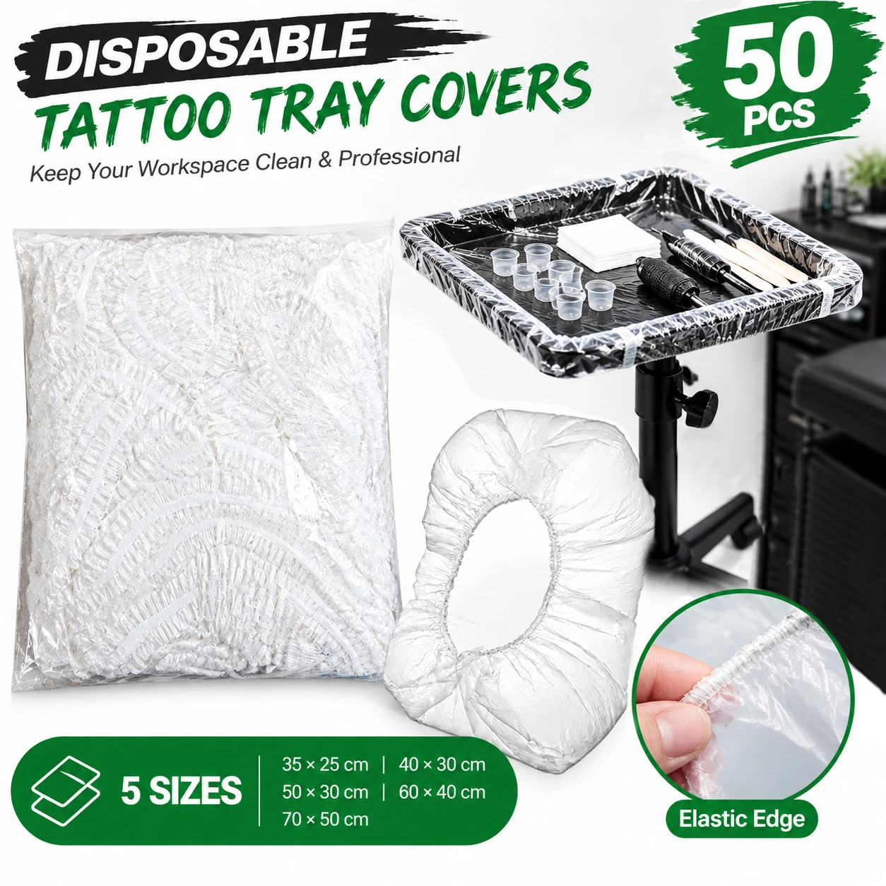 50PCS Disposable Tattoo Tray Covers 5 Size Transparent PE Plastic Elastic Edge Covers for Tattoo Armrest Tray Table Beauty Salon