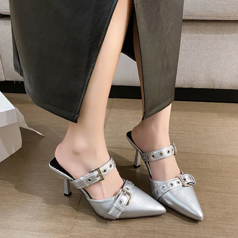 Low Sandals Woman Leather Suit Female Beige All-Match Large Size Block Heels Shoes Lady 2025 Round Toe Low-heeled Comfort Black image 4