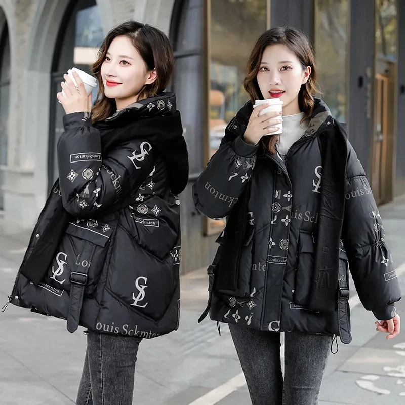 Down Cotton Coat Women 2023 Spring New Fashion Loose Casual Winter Jacket Female Large Size Hooded Letter Print Parkas Trend