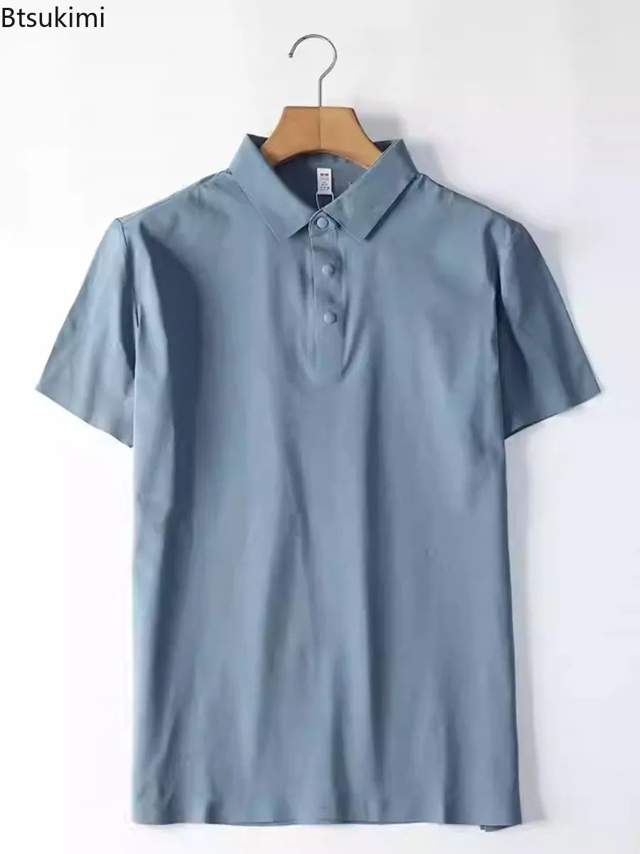

2025 Summer New Simple Solid Color Turn Down Collar Men's Button Light Thin Business Casual Short Sleeve Loose Polo Shirts Tops