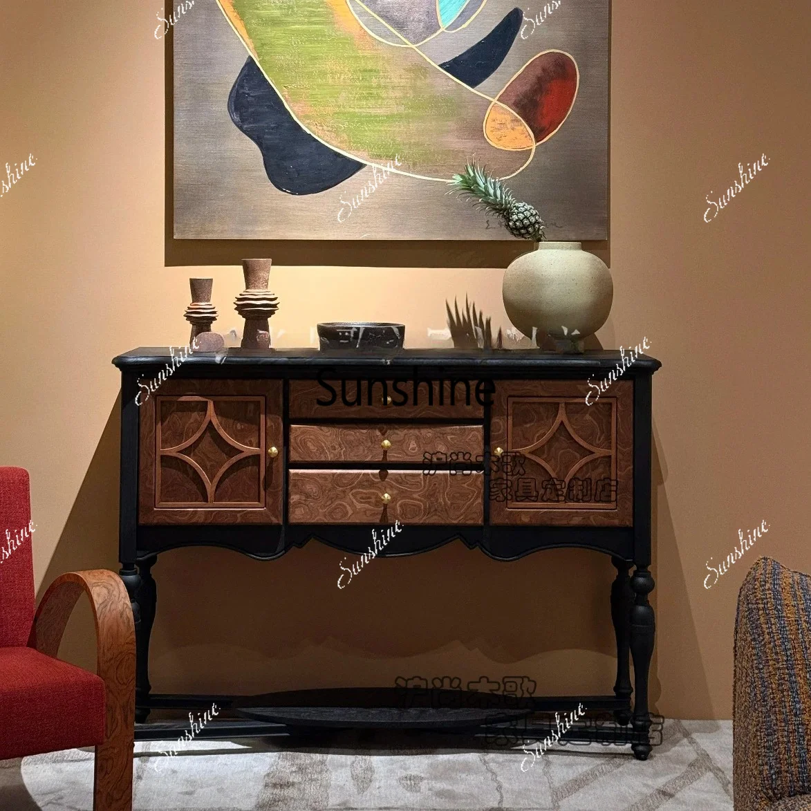 French retro solid wood porch cabinet, living room entrance hall cabinet against the wall, designer decoration, antique dining s