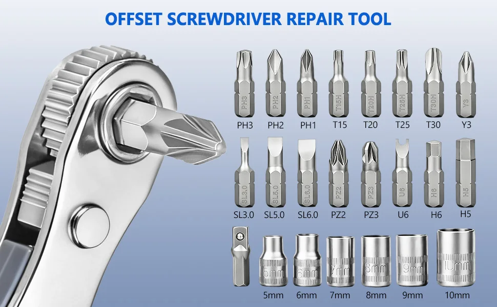 24-in-1 Winkelschraubendreher, 36-Zahn Magnetischer Ratschenschlüssel, Flaches Offset-Werkzeug für Enge Räume, Reparaturset – Detail 3
