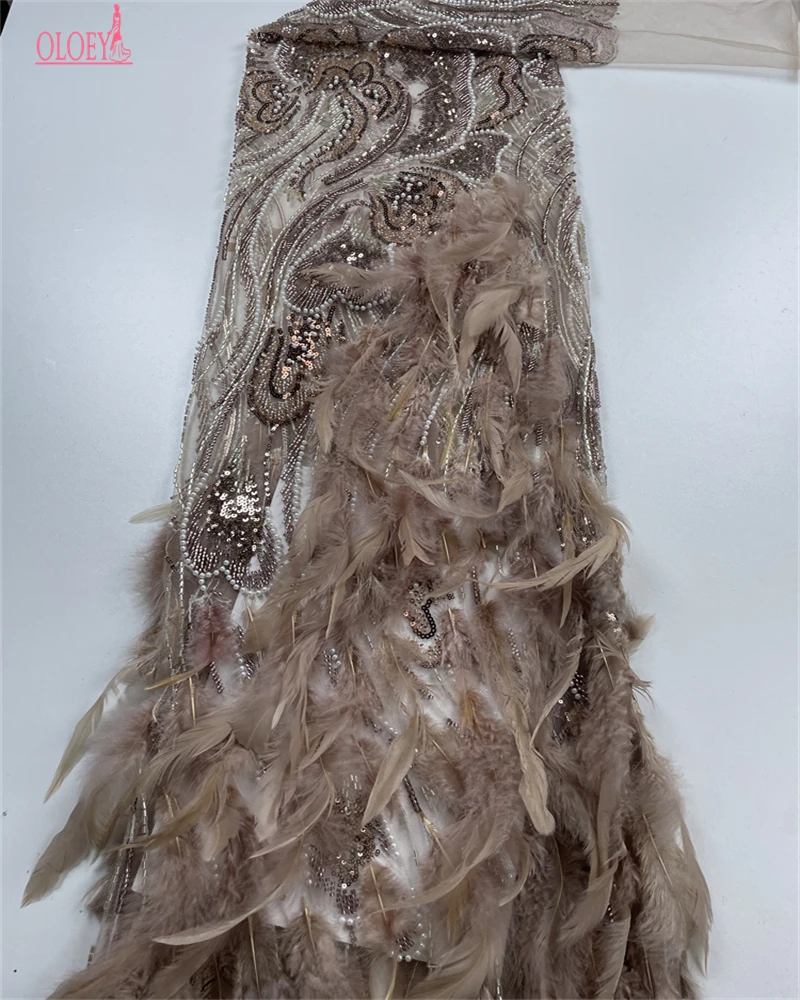 OLOEY, tela de encaje pesado francés africano con plumas 3D de lujo, cuentas de lentejuelas de alta calidad, tela de encaje nigeriano para vestidos de novia
