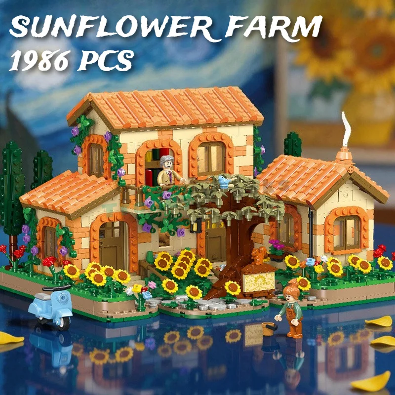 1986PCS Rustic Style Sunflower Farm Building Blocks,Flowers House Architecture Detachable Structure Ornament Toys Birthday Gifts