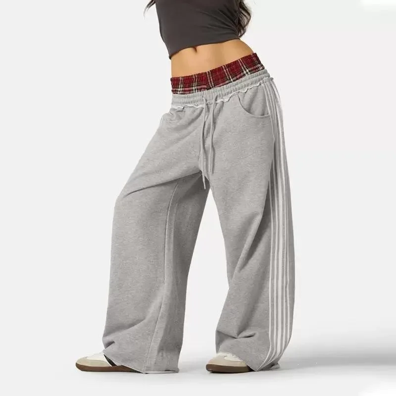 American casual sports pants with three side bars spliced and checkered, comfortable and loose wide leg straight leg sweatpants