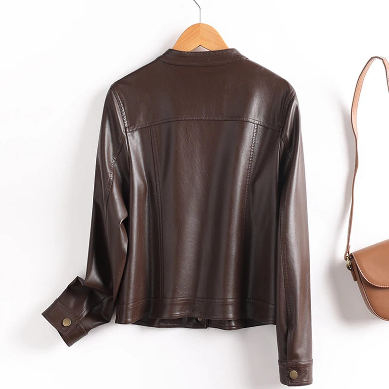 Neu Damen Schlichtheit Spaltleder Jacke Frühling Herbst Mode Rundhalsausschnitt Einreihig Lockere Passform Ledermantel Freizeitjacke Damen