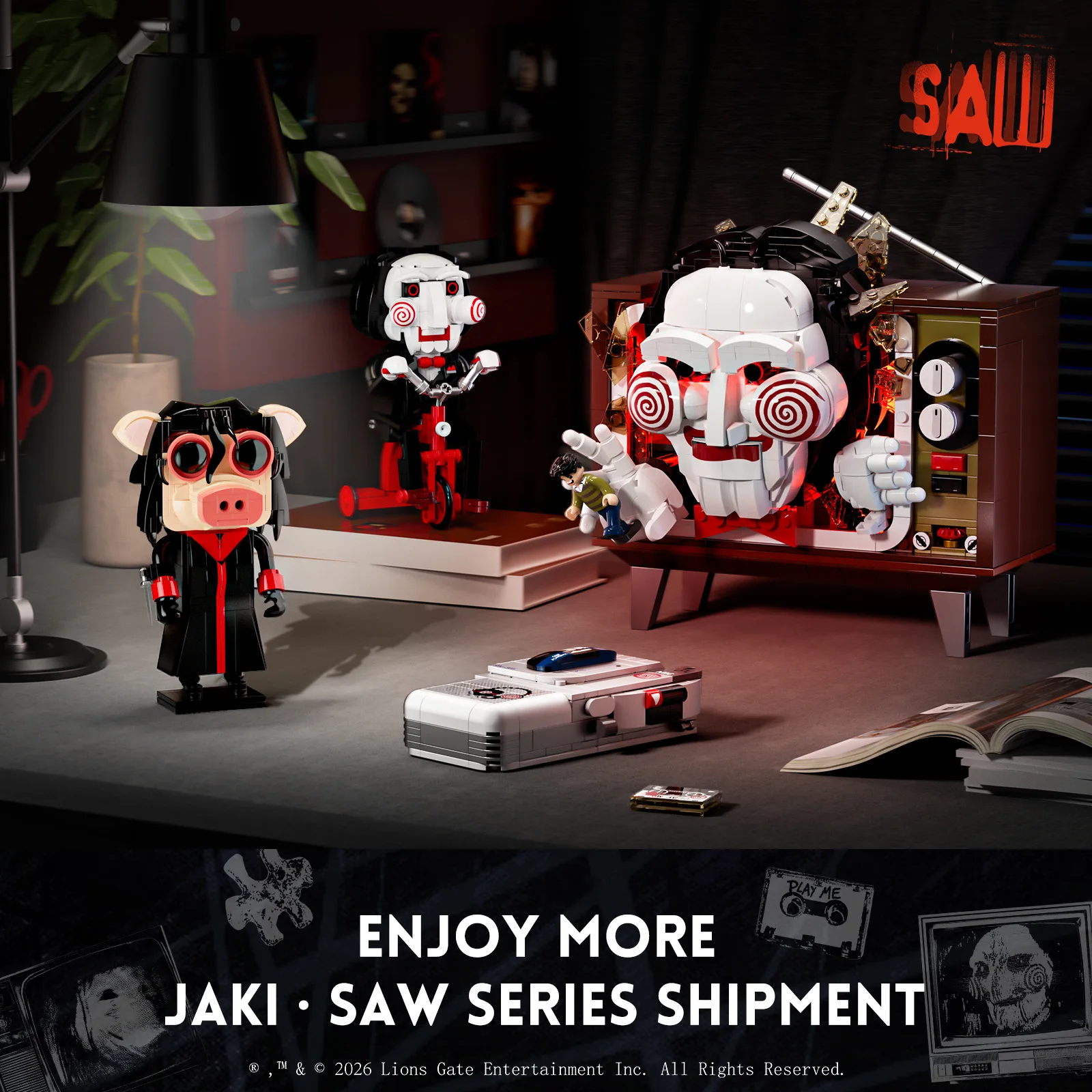 JAKI SAW Billy the Puppet Tricycle Building Blocks Model Kit for Adults Horror Movie Collectible Display Toy Gift for Fans