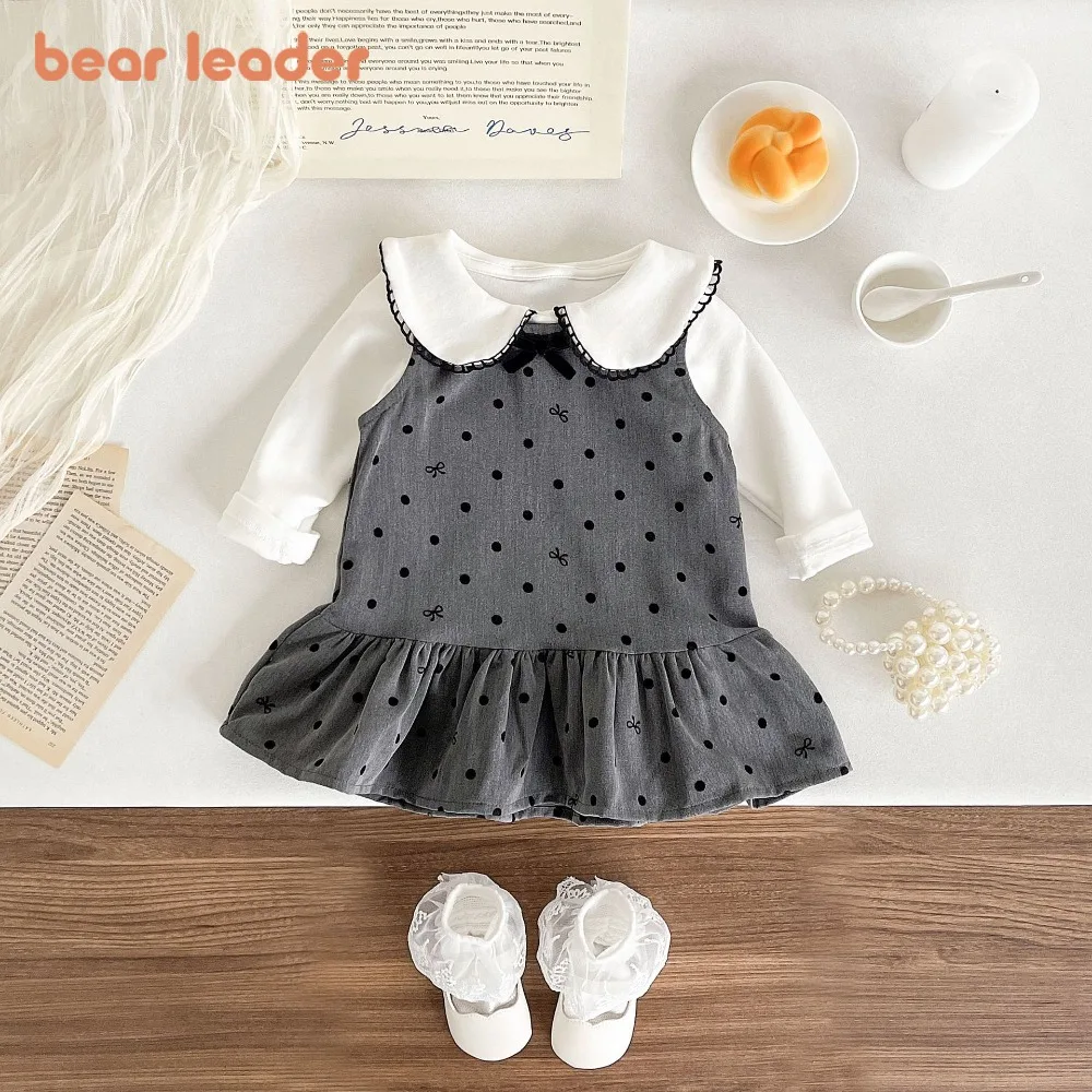 

Осенний наряд Bear Leader для маленьких девочек, 2025 г., серое платье-жилет с принтом в горошек + комбинезон с длинными рукавами и лацканами, милый детский комплект