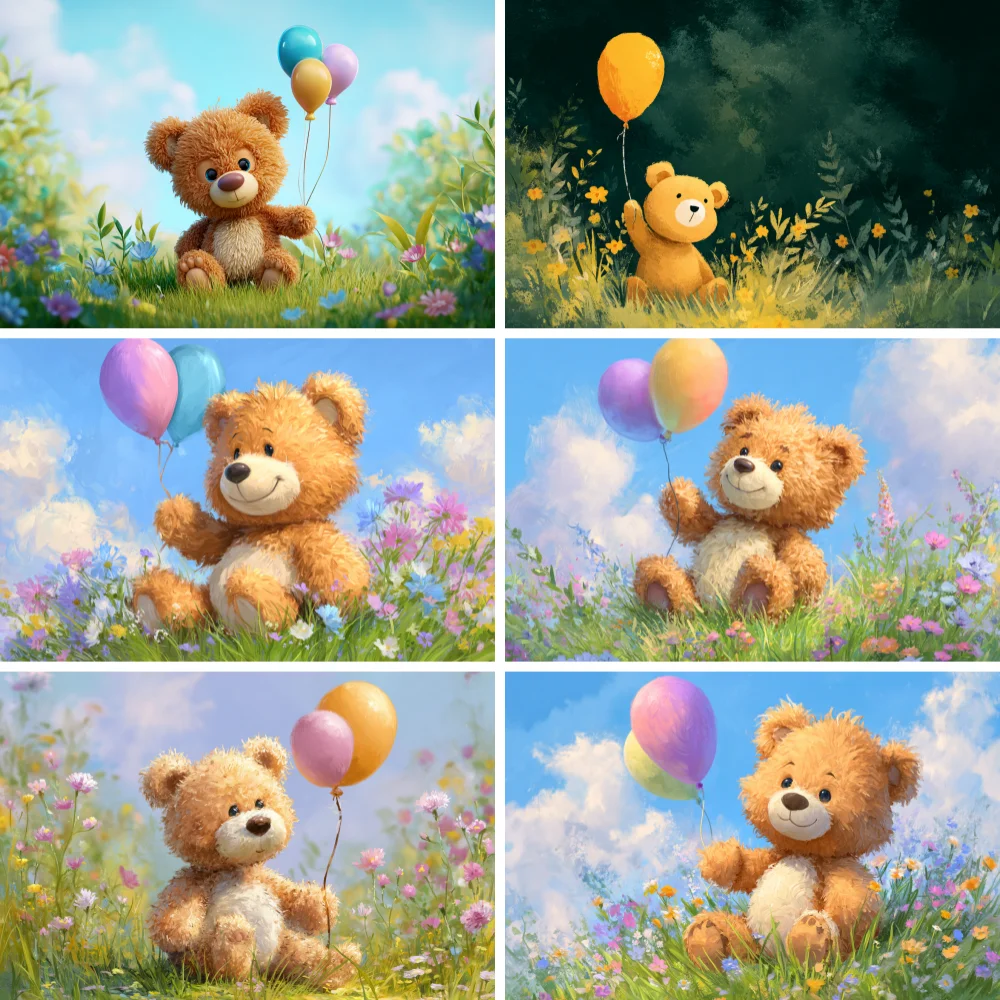 

Photography Background Spring Lawn Puppet Bear Colorful Balloons Kids Birthday Cake Smash Portrait Decor Backdrop Photo Studio