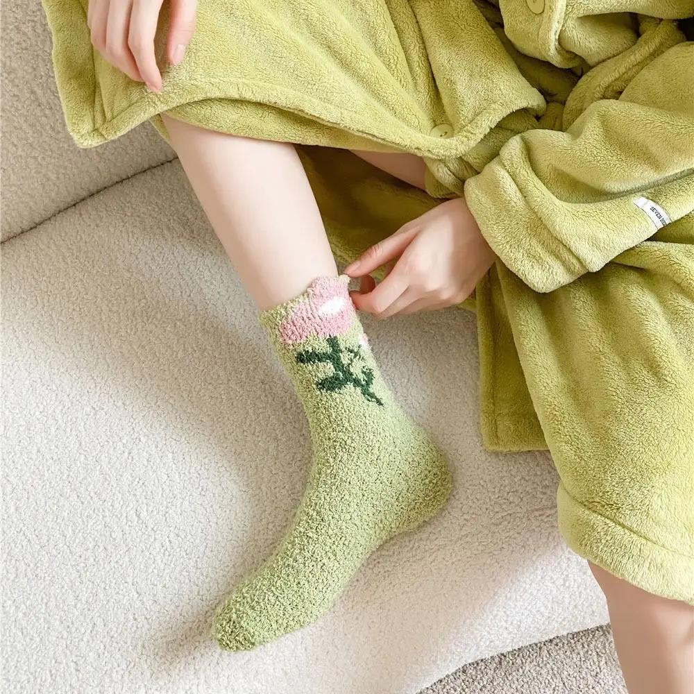 6Pairs Sweet Thickened Coral Fleece Socks Flower Winter Floor Plush Socks Sleeping Hosiery Warm Socks Women Winter