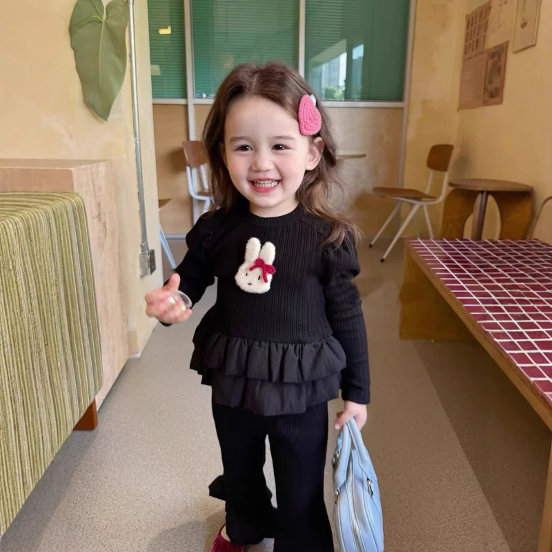 

Girl's Clothing2025Autumn New Style Girls' Little Bunny Ruffle DressTT-shirt and Flared Pants Baby Two-Piece Set