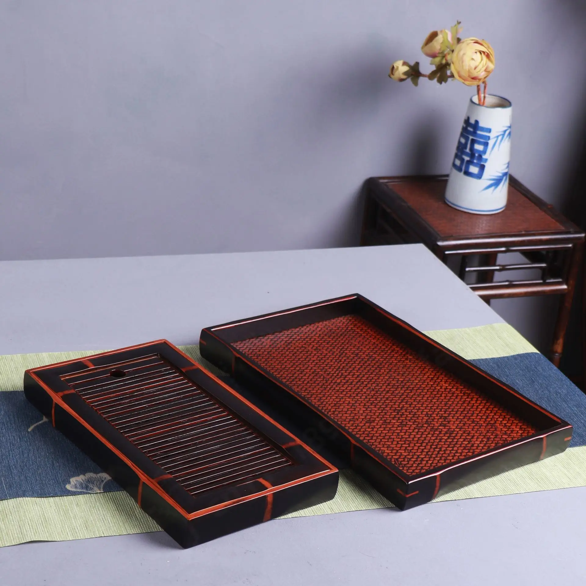 Rectangular Vintage Bamboo Tea Tray Dry Brew Platform Hand Woven Bamboo Craft Household Tea Serving Plate
