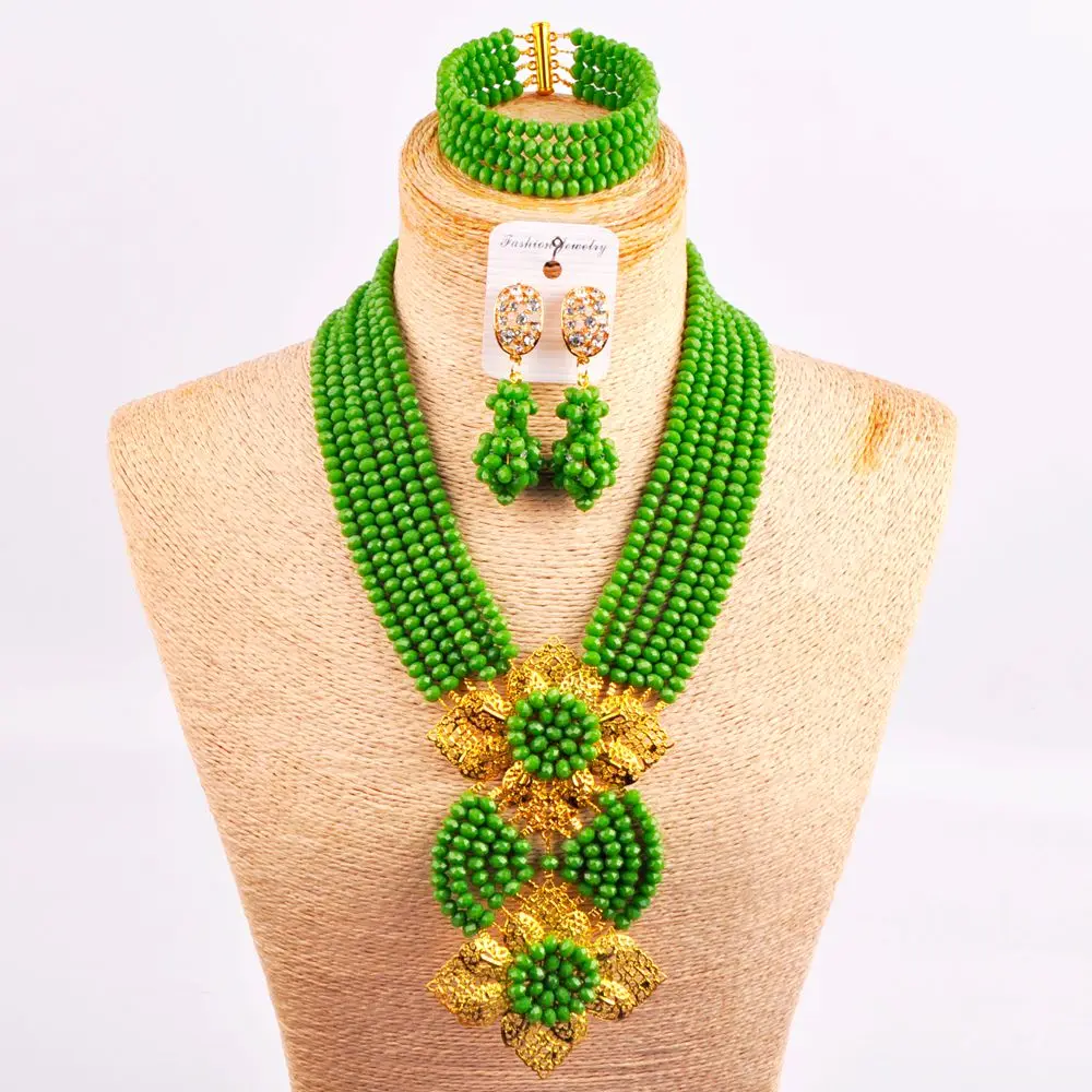 

Opaque Olive Green Crystal Beaded Necklace Costume African Beads Jewelry Set