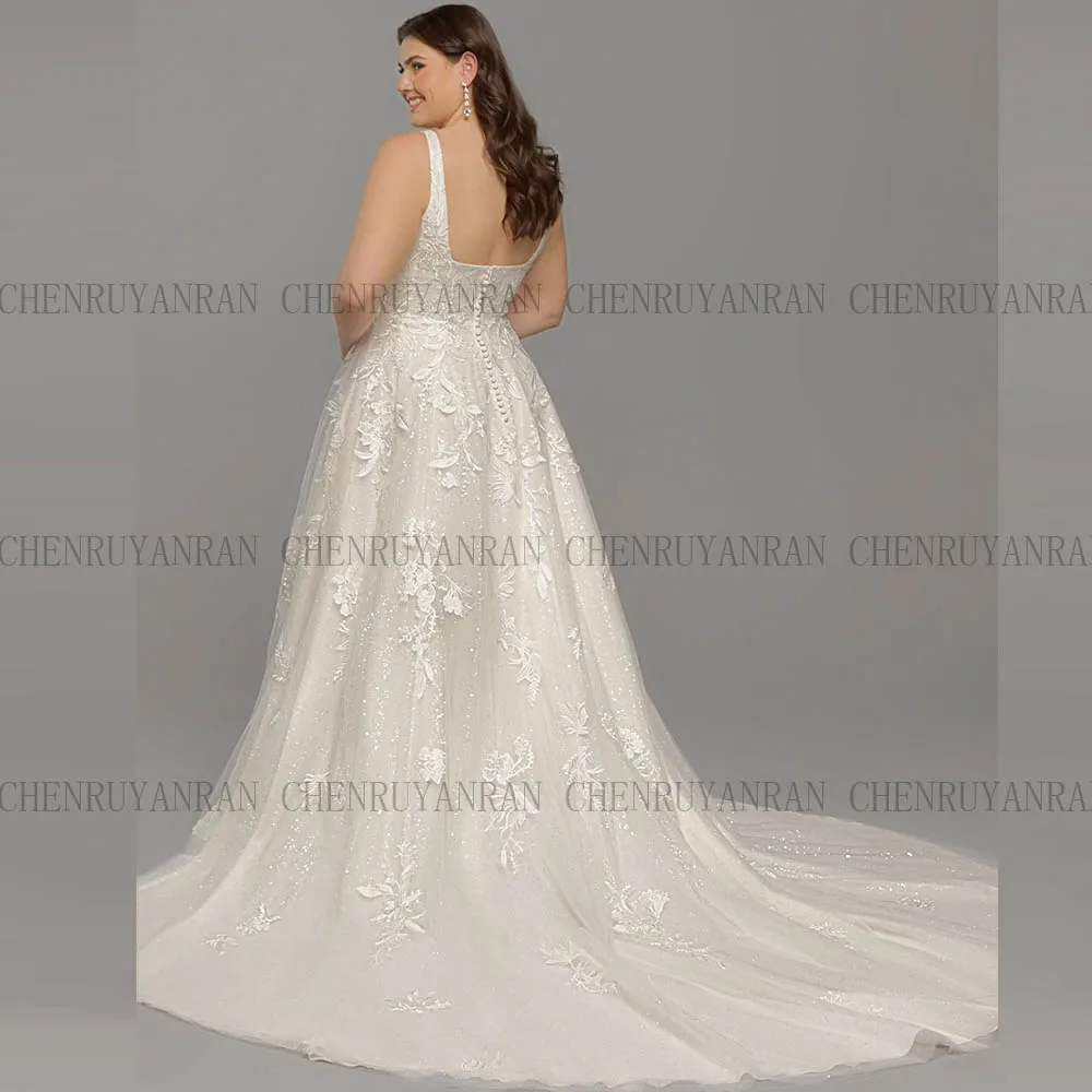 Plus Size Wedding Dresses For Bride Square Collar A-Line Bridal Gowns Openless Lace Applique Sweep Train Brides dress Customized