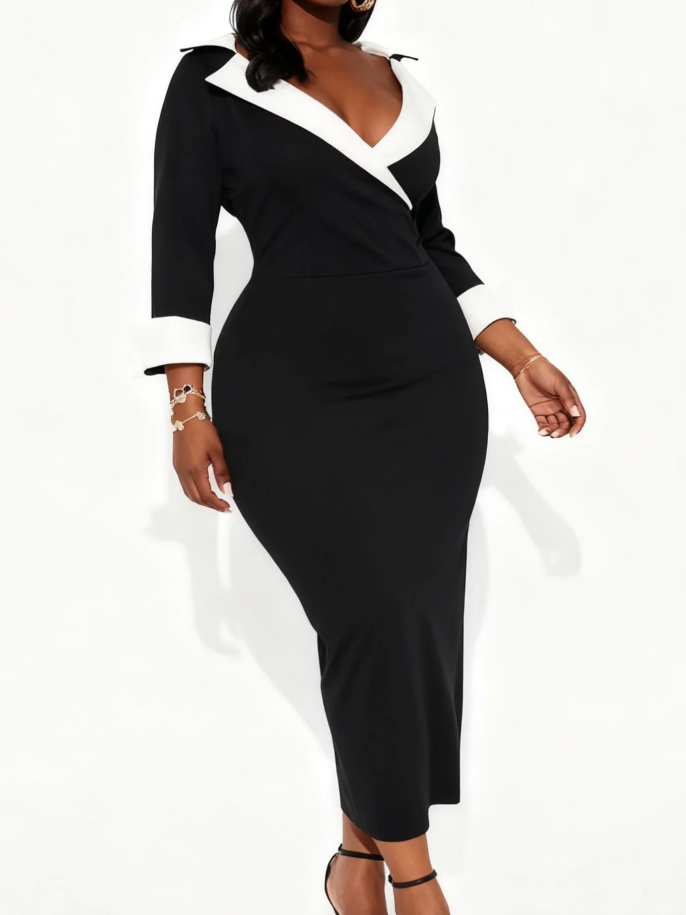 Vestido ajustado con escote en contraste para mujer, elegante vestido de mujer de longitud media con cuello bloqueado de color, moderno y colorido