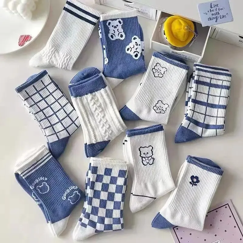 Women's Socks Warm Socks In Autumn and Winter Blue Socks Students High-top Striped Checkered Sports Stockings