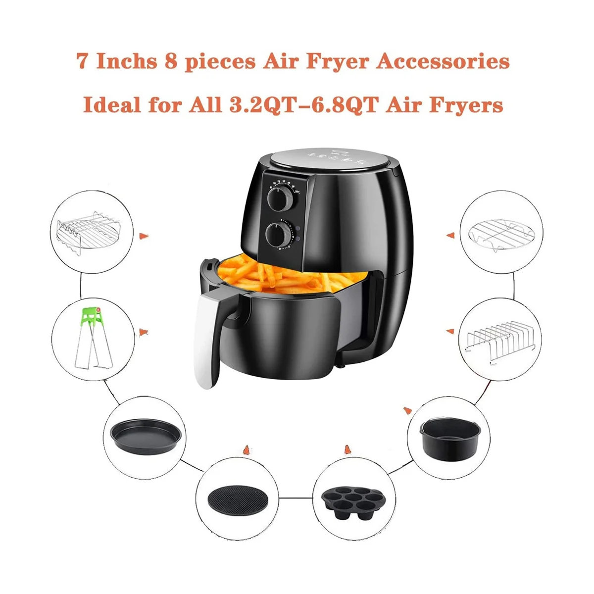 Fit 3.5QT-5.8Qt 7 Inch Accessories 8 Pcs Kits with Skewers Silicone Mat,Non-Stick, Dishwasher Safe, Universal