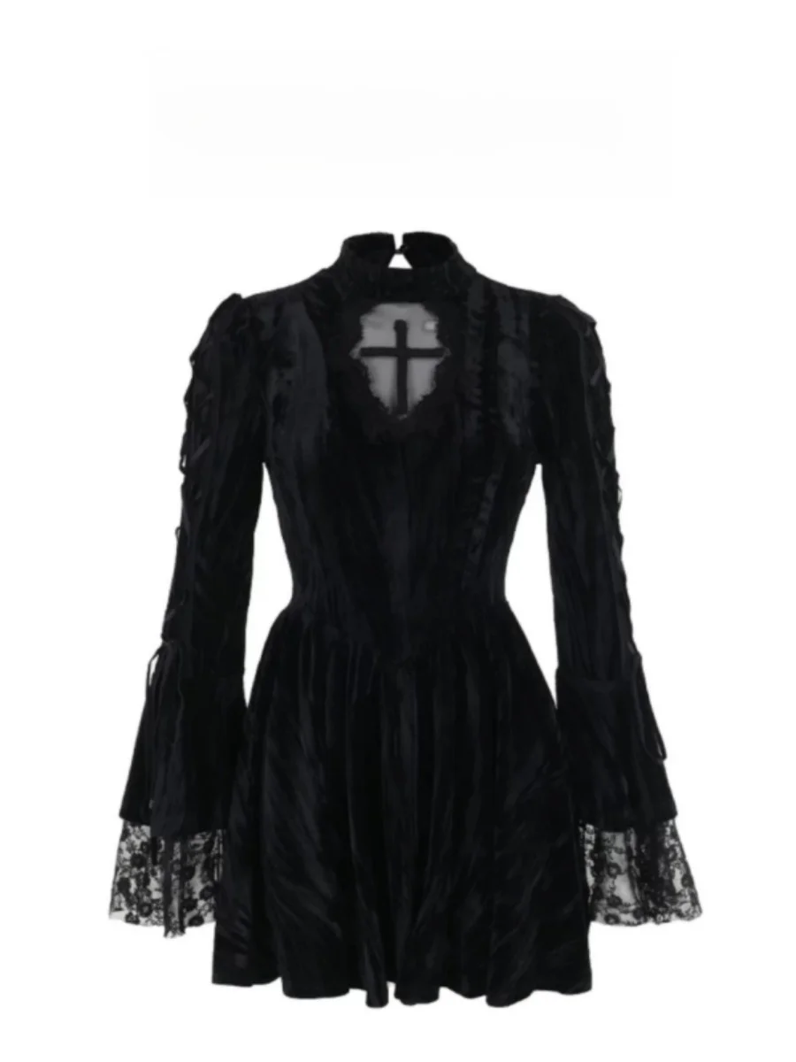 القوطية المخملية الدكتور السيدة XIDU شبح فتاة Sle أزياء الهالوين البديلة ثقافة فرعية طويلة Sve ort ألف خط تنورة مستديرة Ne