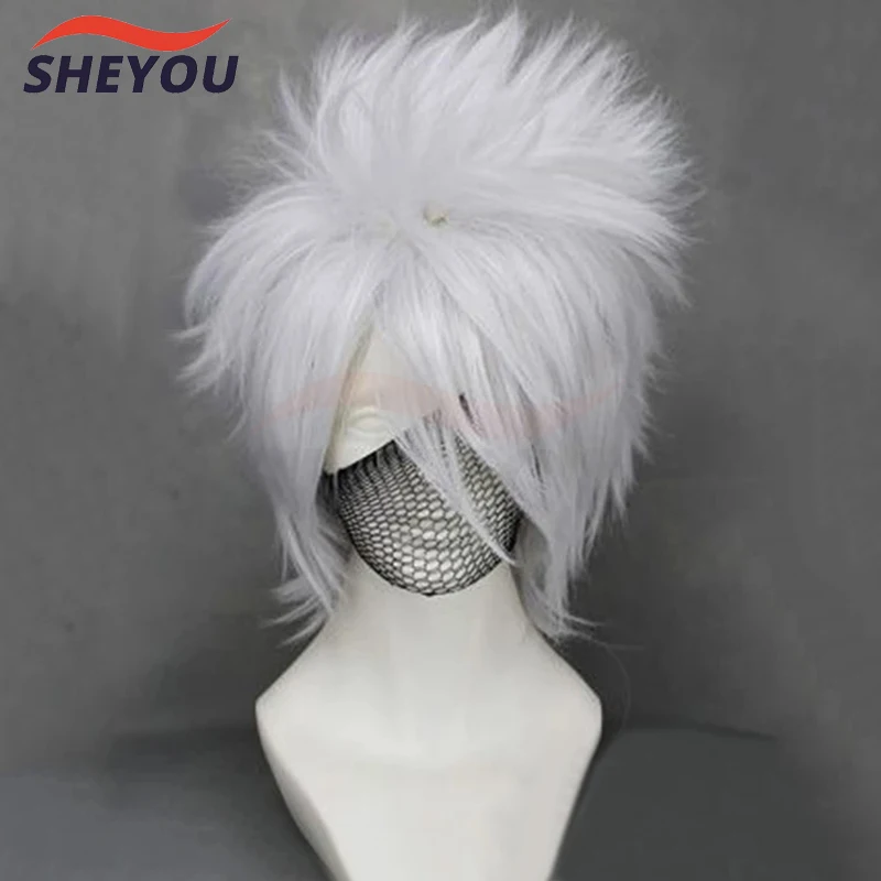 Anime Hatake Kakashi Korte Zilver Wit Gelaagde Hittebestendige Haar Cosplay Kostuum Pruik