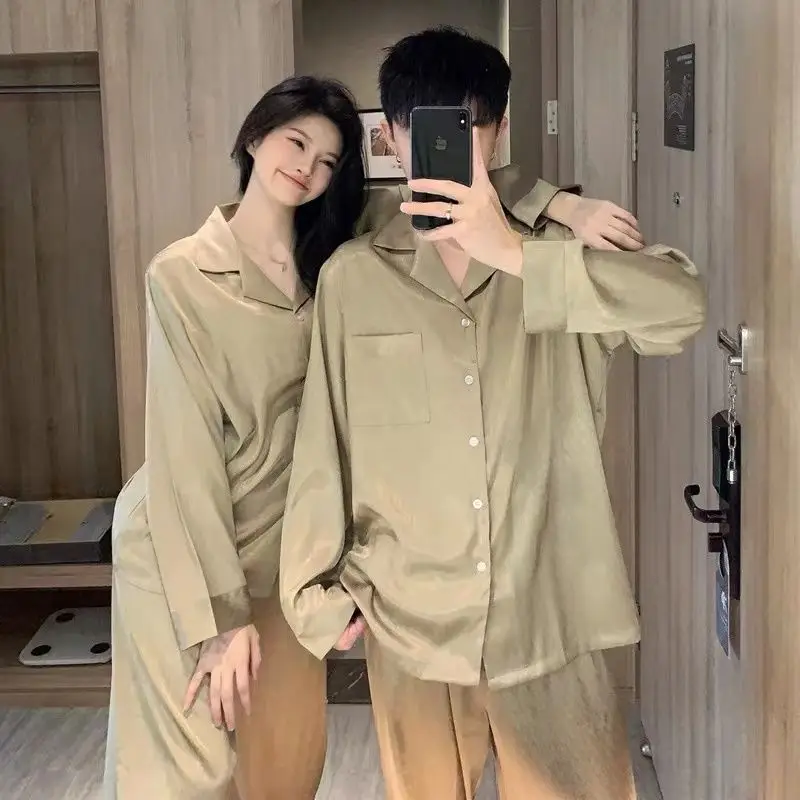 2024 New Couple Green Pyjamas Sets Ladies Long Sleeve Fashion Casual Sleepwear Pajamas Set Men Turn-down Collar and Button Home