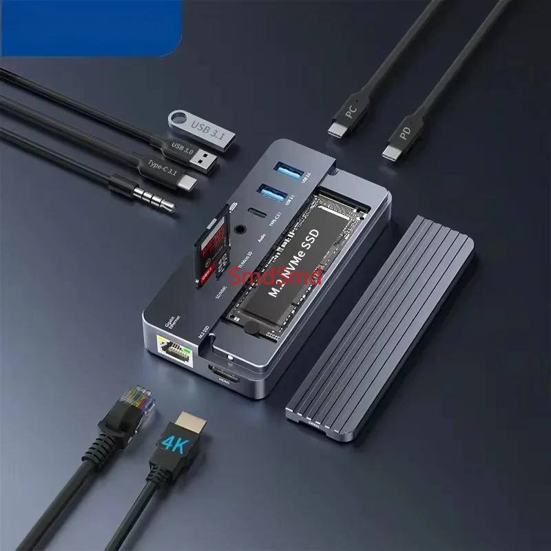 10-in-1 Docking Station&M.2 NVMe Enclosure with HDMI 4K60Hz 100W PD 1Gbps RJ45 USB-A Ports for MacBook Pro/Air Windows PC