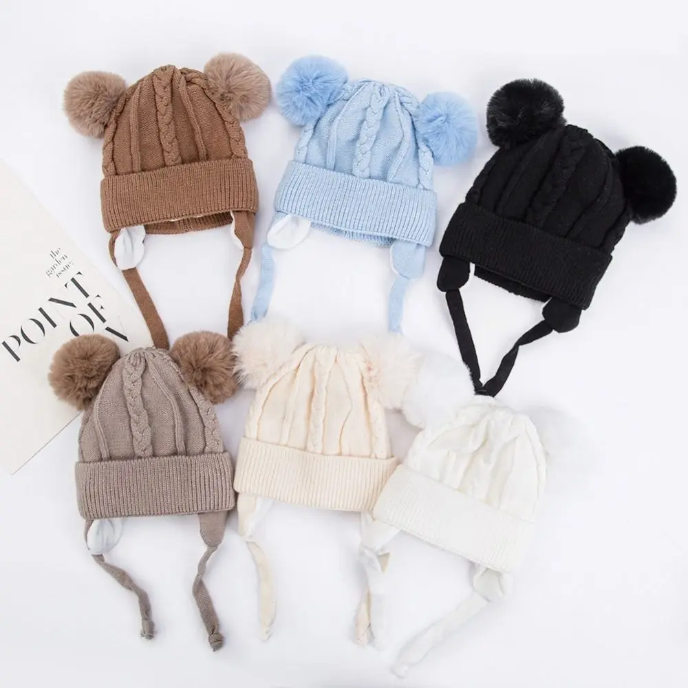 Cute Plush Ball Warm EarFlaps Hat Children Winter Knitted Ear Protection Caps Thickned Windproof Pullover Hat Boys Girls