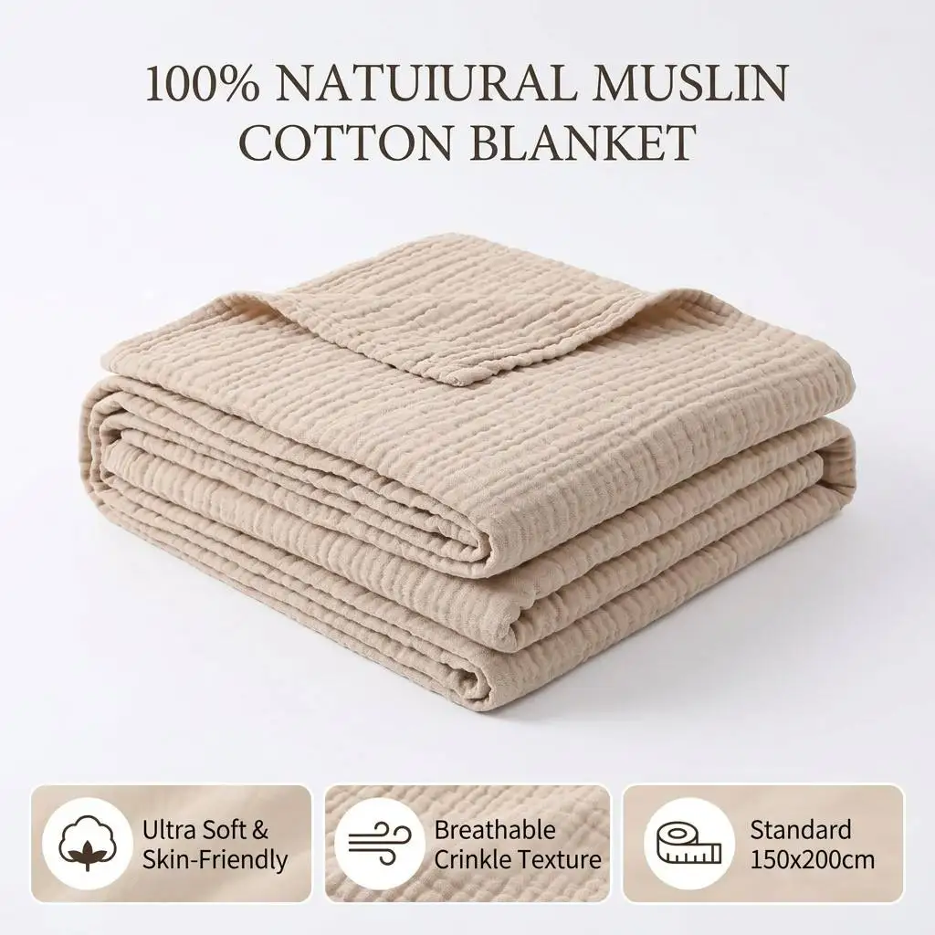 100% Muslin Cotton Gauze Blanket Ultra Soft Breathable Crinkle Throw Blanket for Sofa Bed 150x200cm Summer Air Conditioning Quil