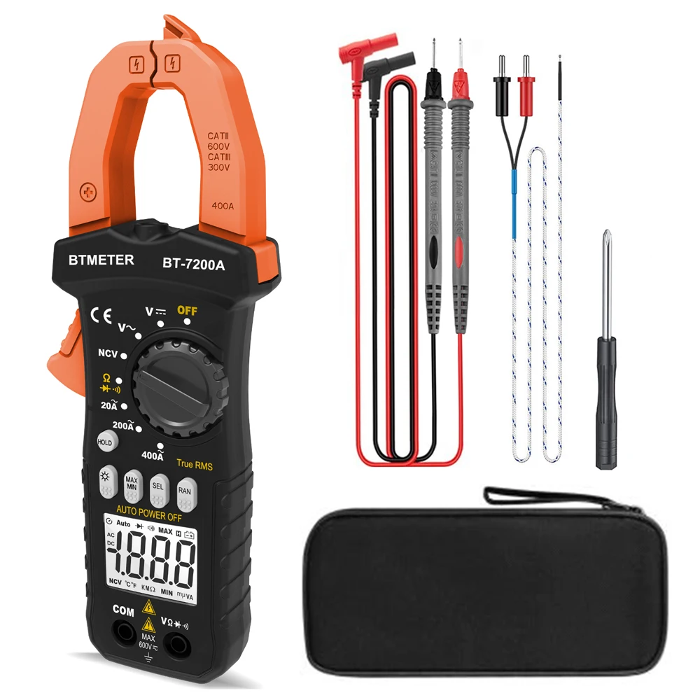 1999 Counts Digital Clamp Multimeter Auto Range Meter for DC/AC Voltage AC Current Resistance Diode Continuity Test BT-7200A