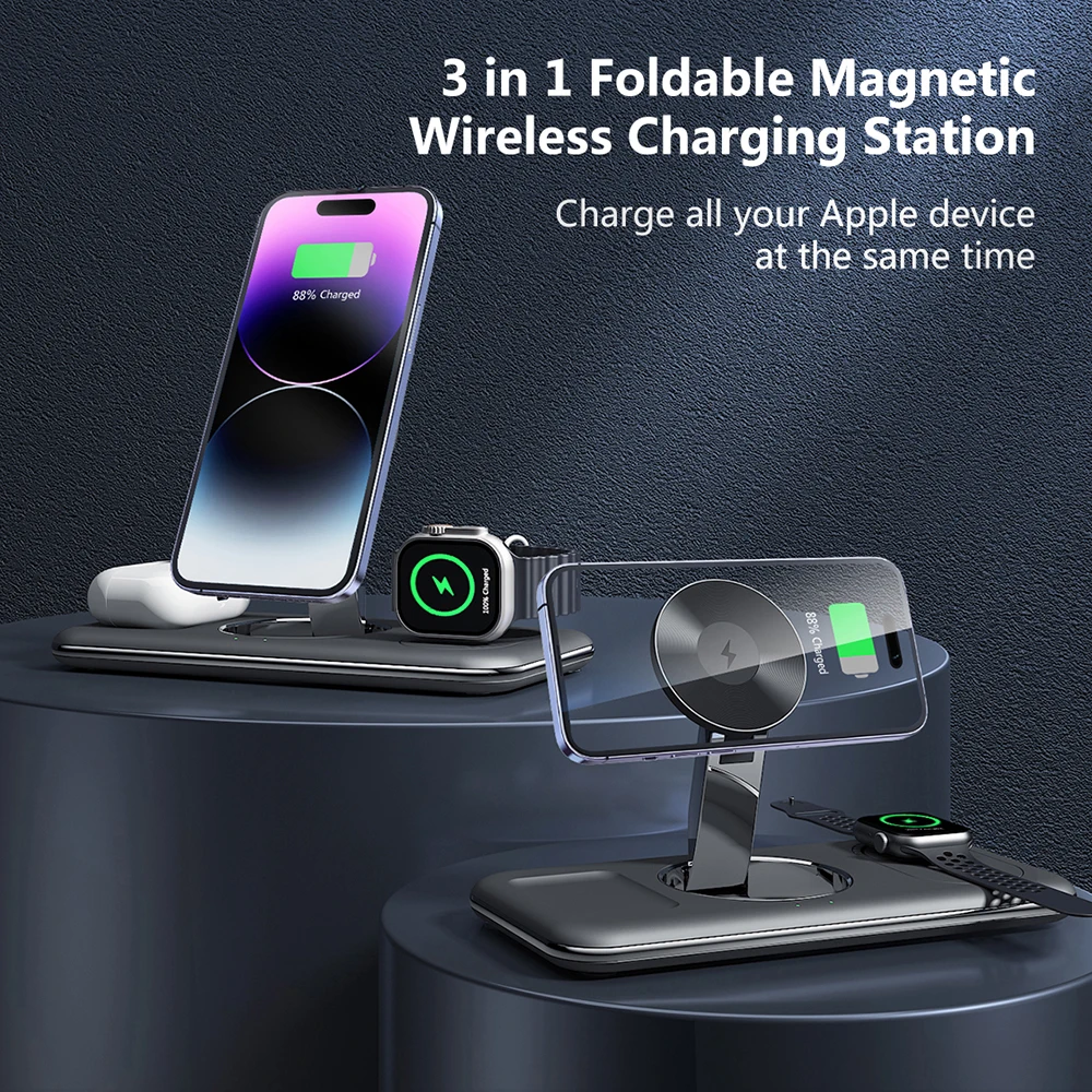 AMORUS 3-in-1 Magnetic Wireless Charger For Iphone 15 14 13 12 Iwatch Airpods  Folding Portable Cell Phone Charging Stand