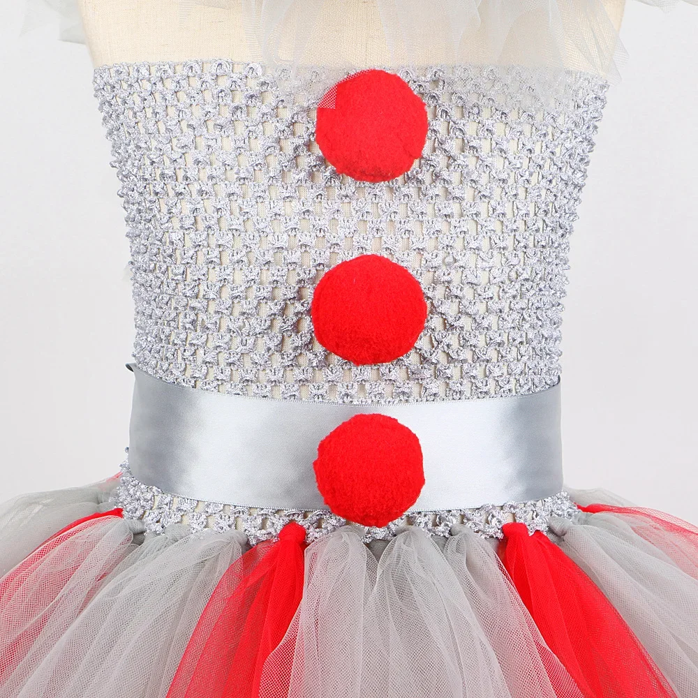 Gruseliges Clown-Tutu-Kleid-Set für Mädchen, silbernes Netz-Mieder, rotes Pom-Pom-Dekor, Tüllkragen, Haarreifen, Kinder-Halloween-Cosplay-Outfit – Detail 5