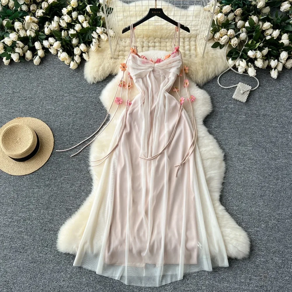 Sexy Three-dimensional Flower Mesh Spliced Slip Dress Chic Vintage Beach Vacation Party Women Chic Pleated Mesh Long Dresses