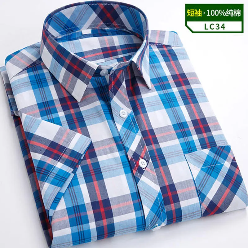 7XL 8XL Men\'s short sleeve shirt Summer 100% cotton high quality thin fashion plaid casual free wear breathable plus size