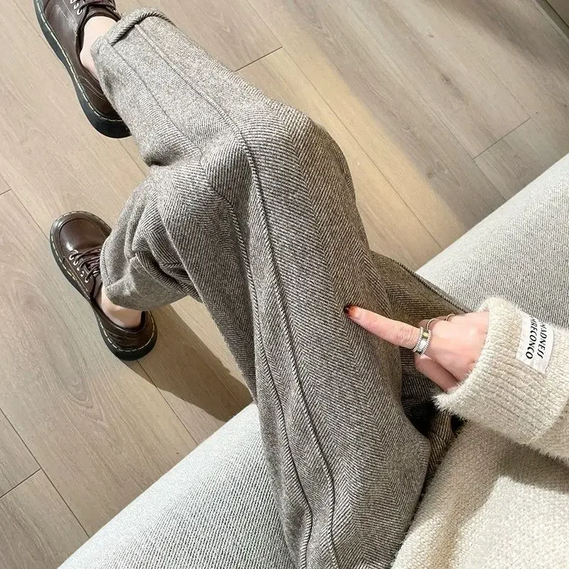 

High Waisted Woolen Pants Women Fall Winter 2023 New Korean Fashion Straight Pants Office Ladies Ankle Length Trousers