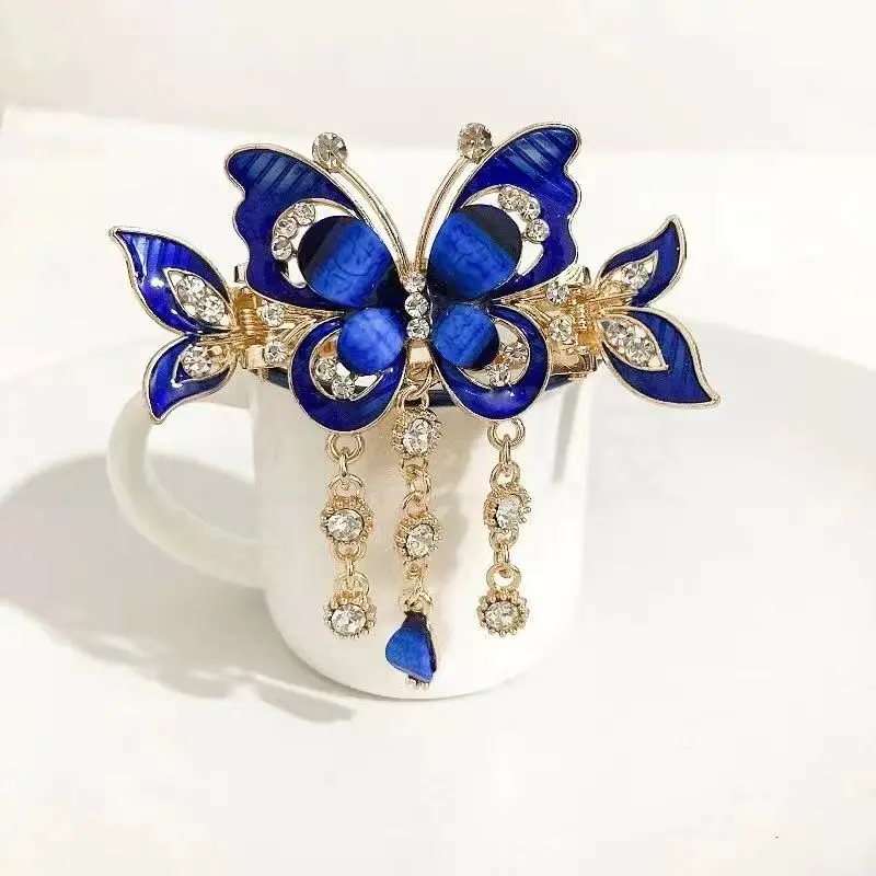 Fashion Elegant Zircon Butterfly Tassel Hairpin Accessories For Women Retro Ethnic Style Small Crab Clip Headwear Jewelry Gift