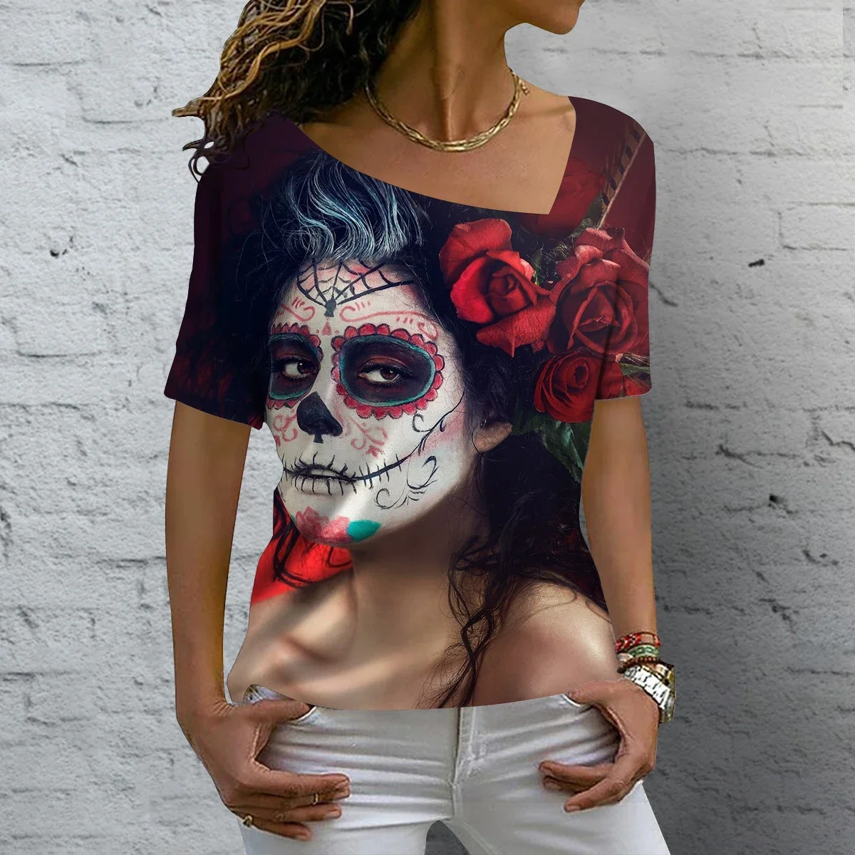 Women\'s T Shirt Vintage Skull 3D Printed V-neck Blouses Casual Short Sleeve Pullover Tops Summer Oversized Harajuku Clothes Tees