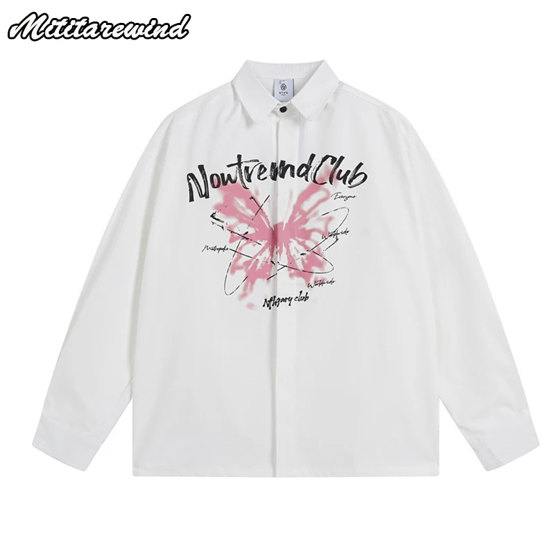 Hip Hop Graffiti Butterfly Printed Shirt Men Spring Autumn Long Sleeve Mens Shirts Japanese Fashion Oversized Black White Shirt