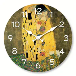 1pc Vintage Wooden Wall clock, Gustav Klimt Kiss Design Wall Clock, Silent clock, Living Room Bedroom, Room Decor, Vintage Home