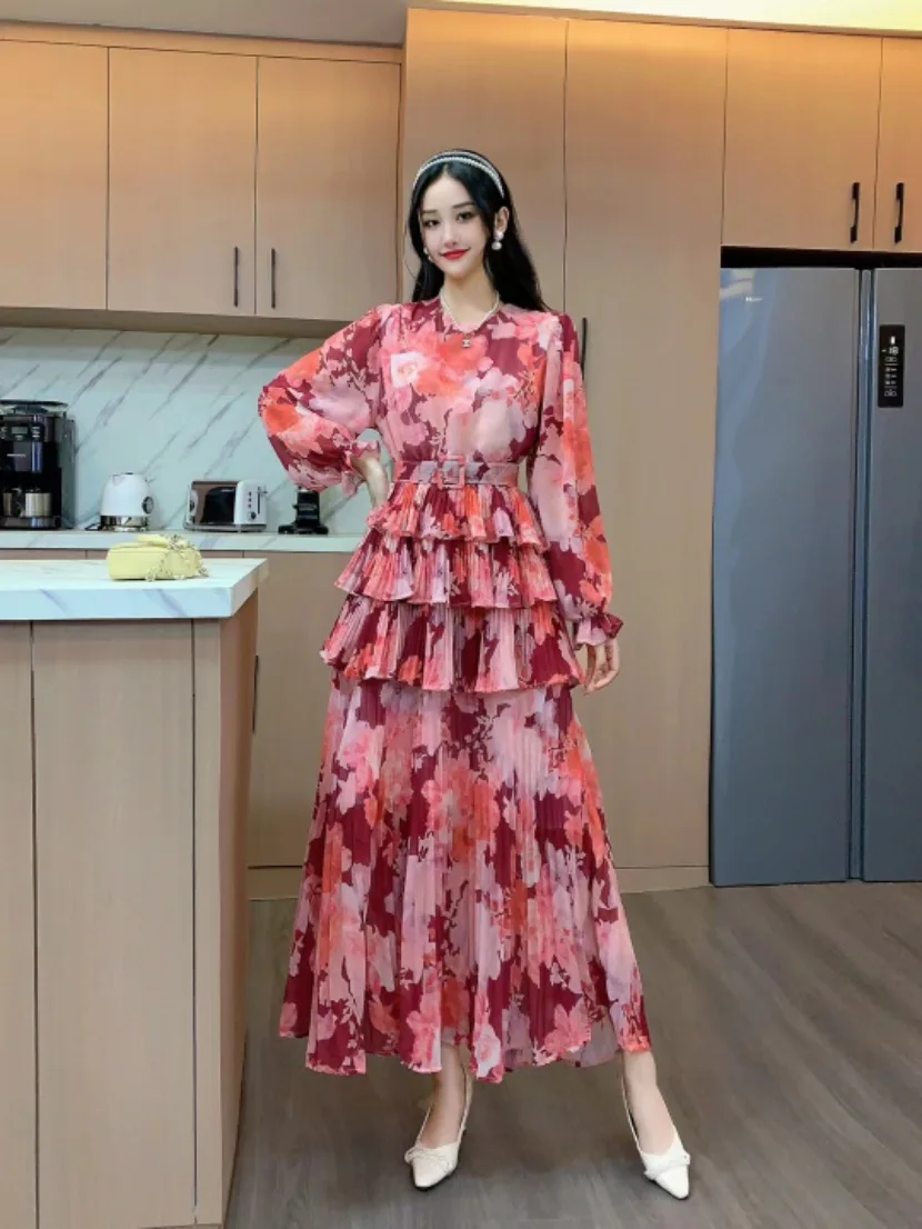 2024 New Spring Autumn Women Long Sleeve Belt Slim Long Dress High Quality Sweet Pleated Cake Big Hem Floral Muslim Dress