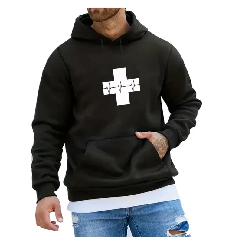 Cross with Heartbeat Printed Street Hoodies Fashion Kpop Letter Print Hoodie Men Autumn Loose Sweatshirt Male Streetwear Clothes