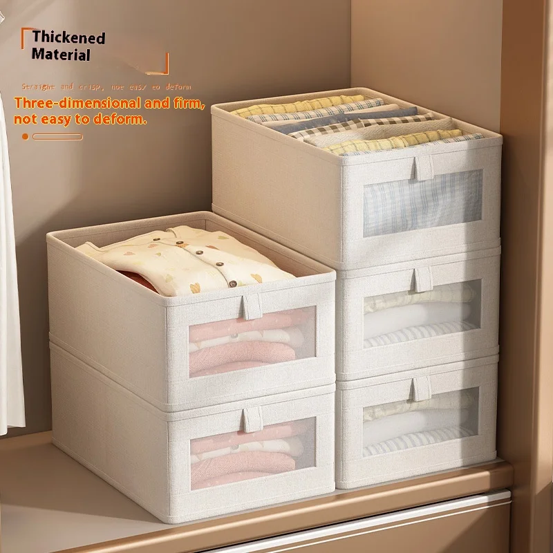 

Foldable Storage Bins with See-Through Window - Linen Fabric Clothes Organizer Box for Shelves, Closet, Under Bed