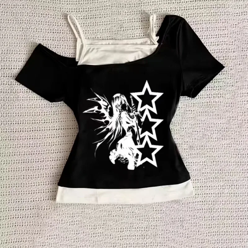 American Retro Y2k T Shirt For Women Print 2 Pieces Spring Summer Cropped Tops Fashion Vintage Slim Fit Ropa De Mujer