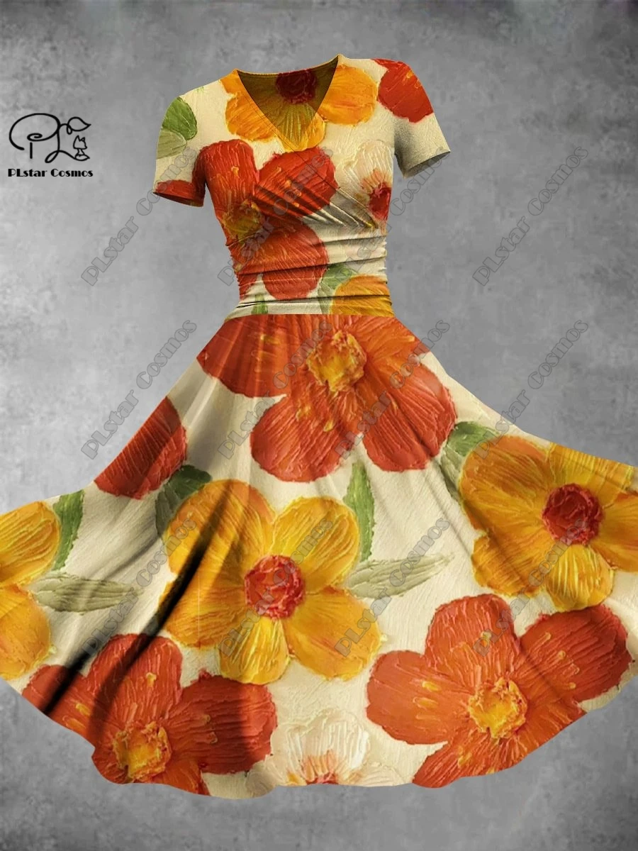 3D bedruckter Blumen rock Valentinstag Serie gedruckt V-Ausschnitt Kurzarm Kleid A-Linie langen Rock lässig und modisch-6