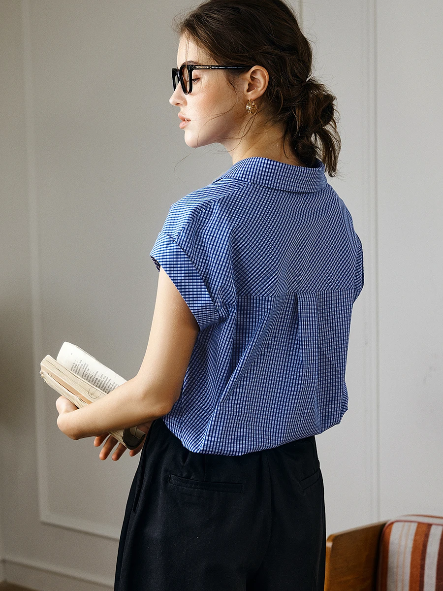 OLrain Summer Blue Plaid Shirt Women 2025 Ladies Casual Short Sleeve Letter Embroider Pocket Woman Shirts & Blouses O57XC98016