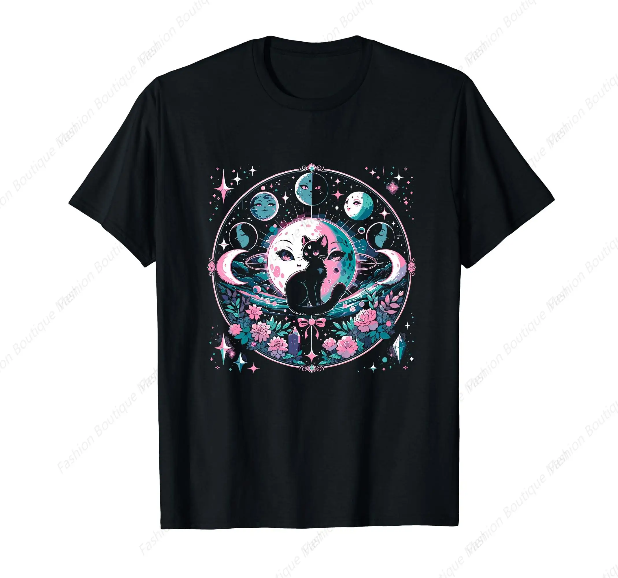 Vintage Moon Phases Crystal Witchy Cute Black Cat Kawaii Pastel Goth T-Shirt Unisex Soft Top