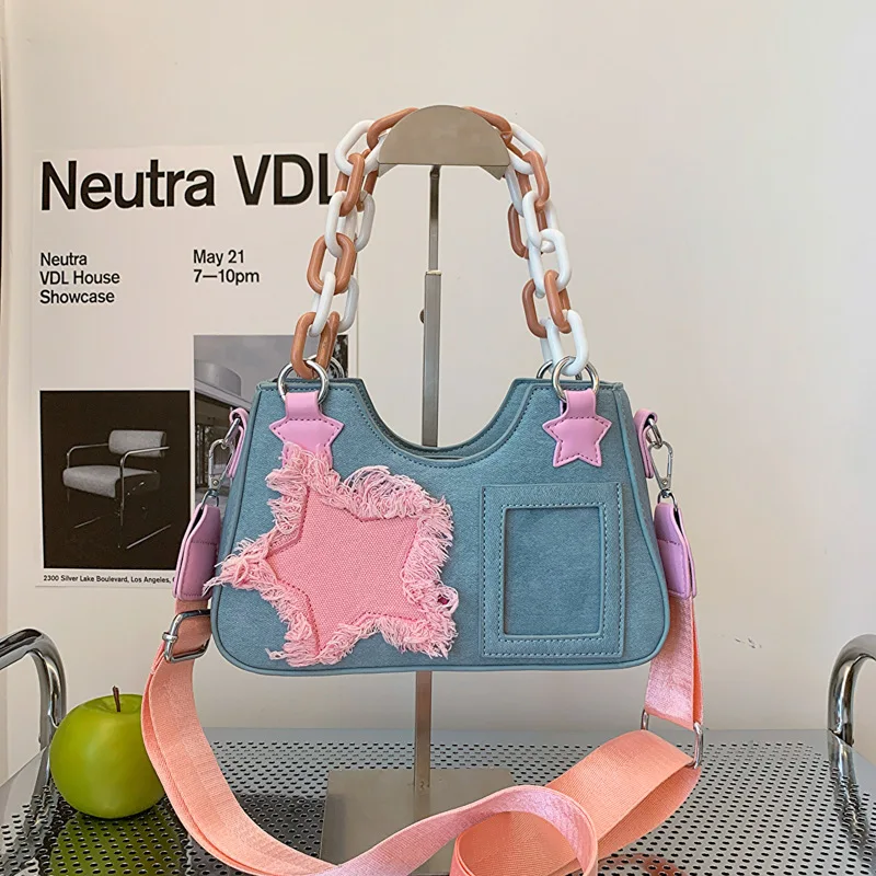 

Fashionable! Women's Denim Patchwork Y2K Underarm Bag - Sweet & Trendy Chain Crossbody/Handbag, All - Match Design