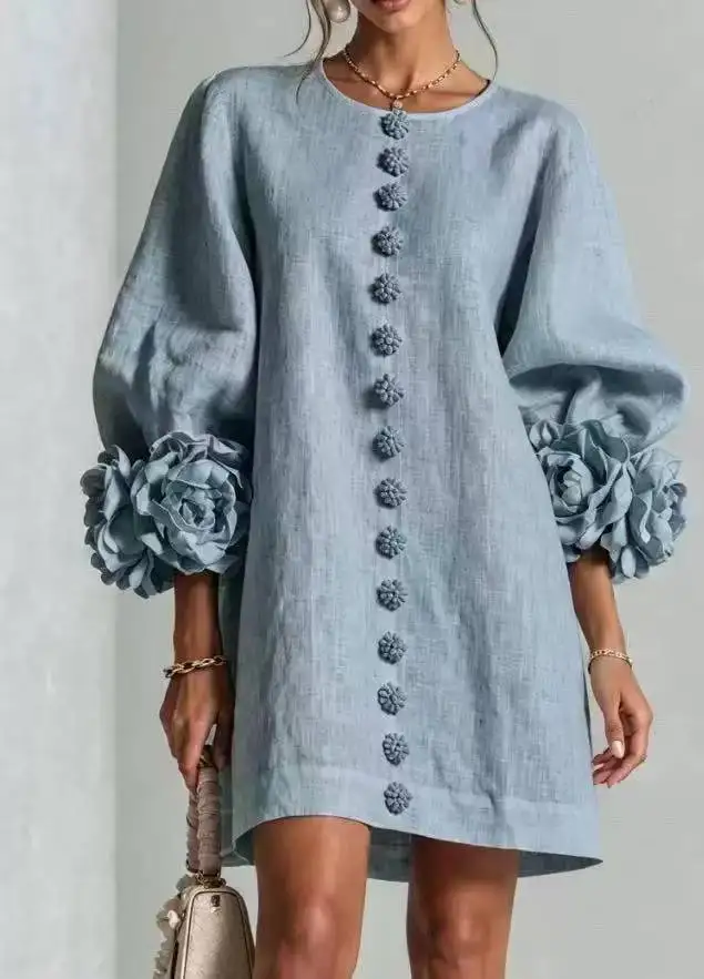 Damen Französisches 3D-Blumenkleid mit Laternenärmeln aus Baumwolle und Leinen, Rundhals, einreihig, locker geschnitten, kurzes Urlaubskleid für mollige Frauen – Detail 16